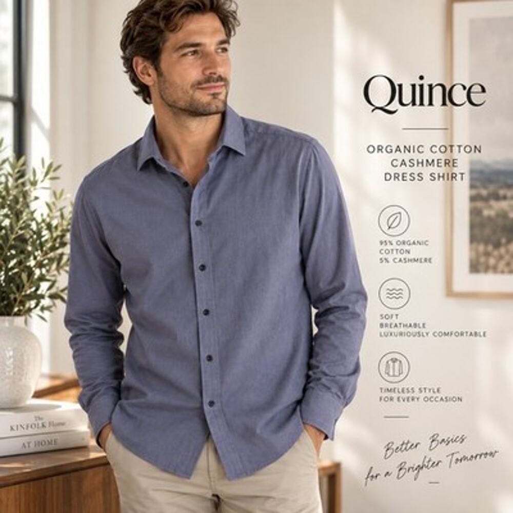 Quince Dress Shirt Sz L Blue Organic Cotton Cashmere Button Down Upscale Casual